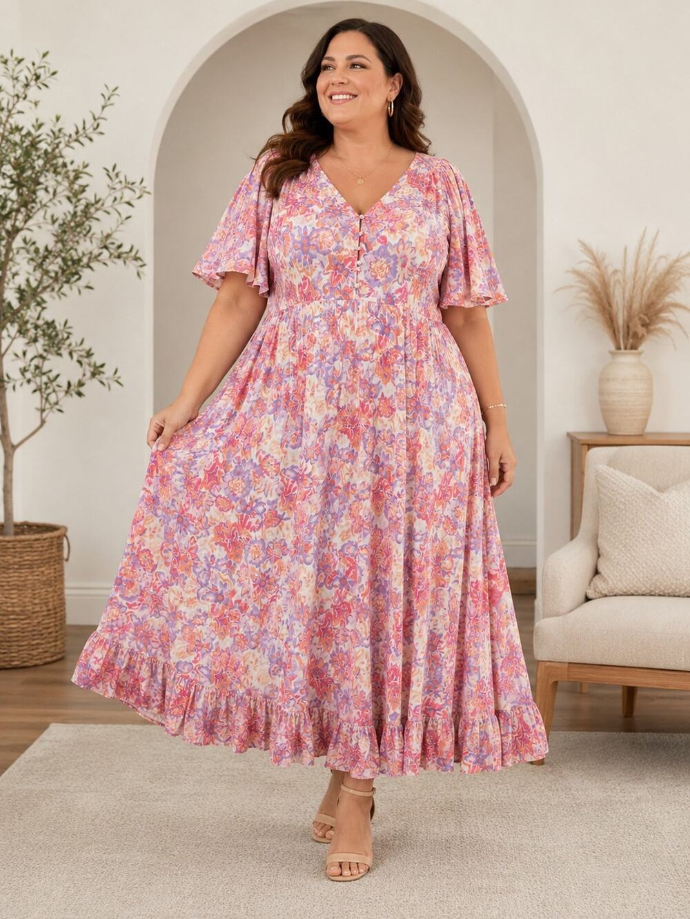 Roaman's Women's 36W Floral Maxi Dress Pink Purple Flutter Sleeve Plus Size